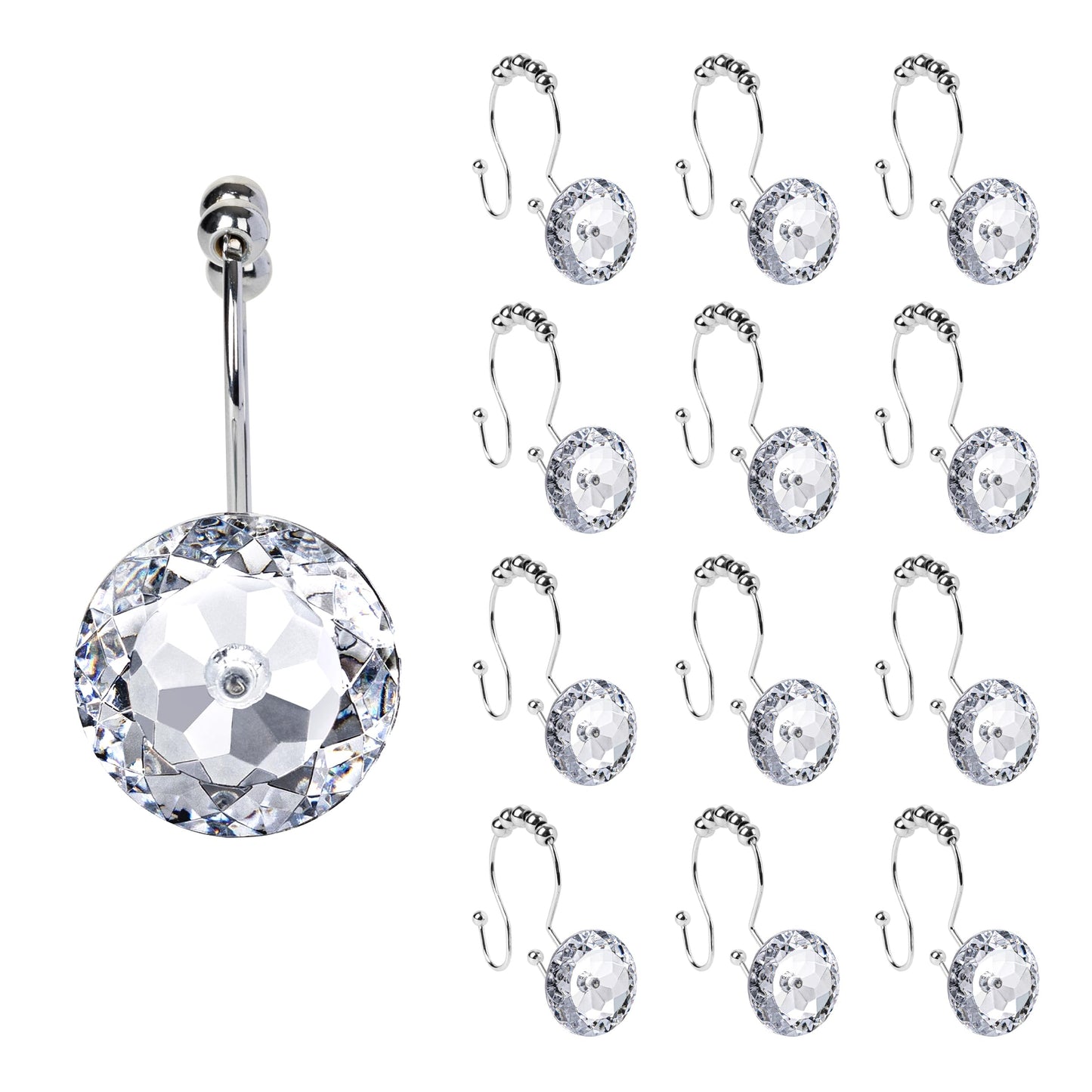 Sunlit Round Rhinestone Shower Curtain Hooks with Glide Balls, 12 Pack