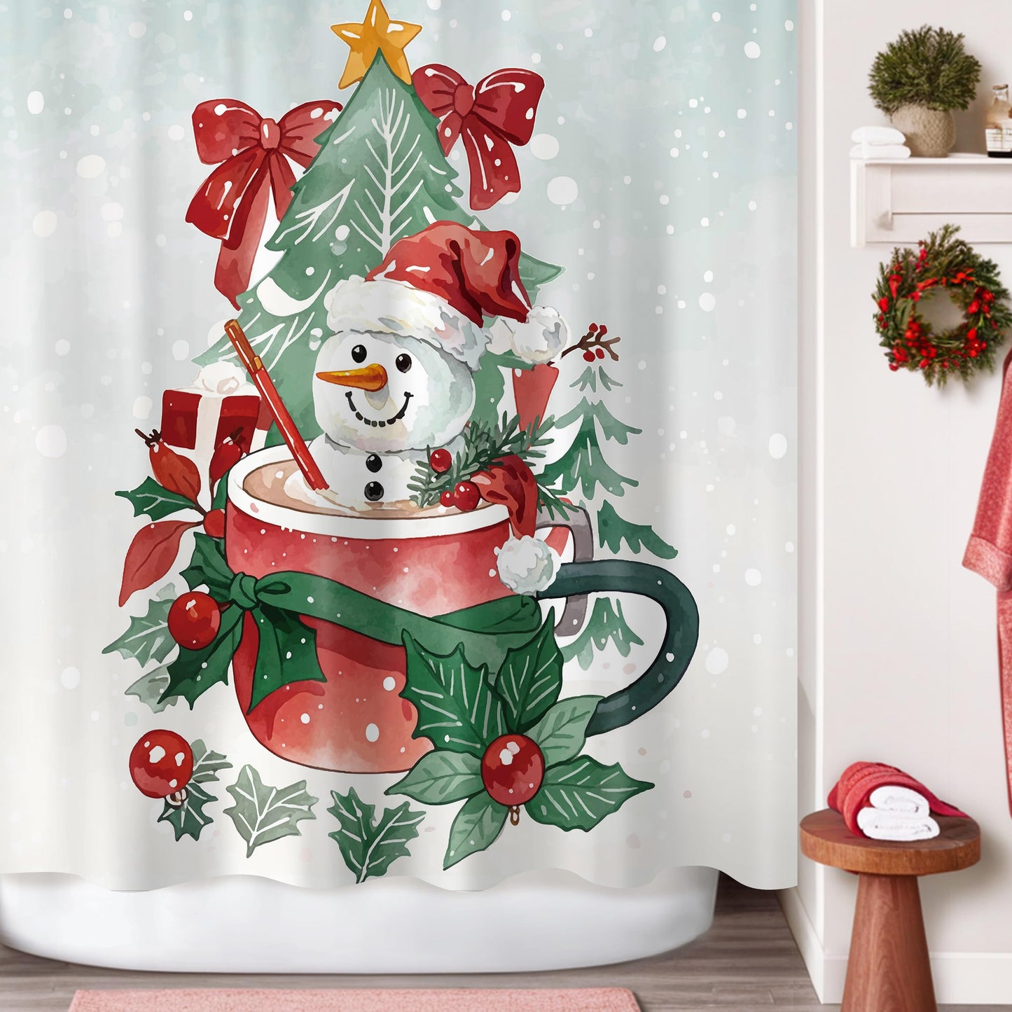 Sunlit Christmas Shower Curtain, Red Mug Hot Cocoa with Snowman Marshmallows and Gingerbread Cookies, Whimsical Holiday Scene Festive Bathroom Fabric Shower Curtain, Home Decor Tapestry, 72" x 72"