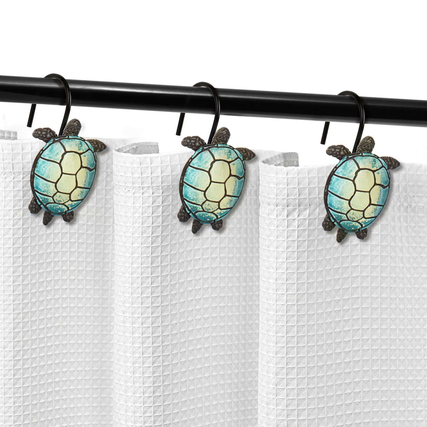 Sunlit Tilt Sea Turtle Shower Curtain Hooks, Home Decorative Shower Curtain Rings with Black Hooks for Bathroom, Resin, Ocean Shower Curtain Hanger Hooks for Kid Room Living Room, Set of 12