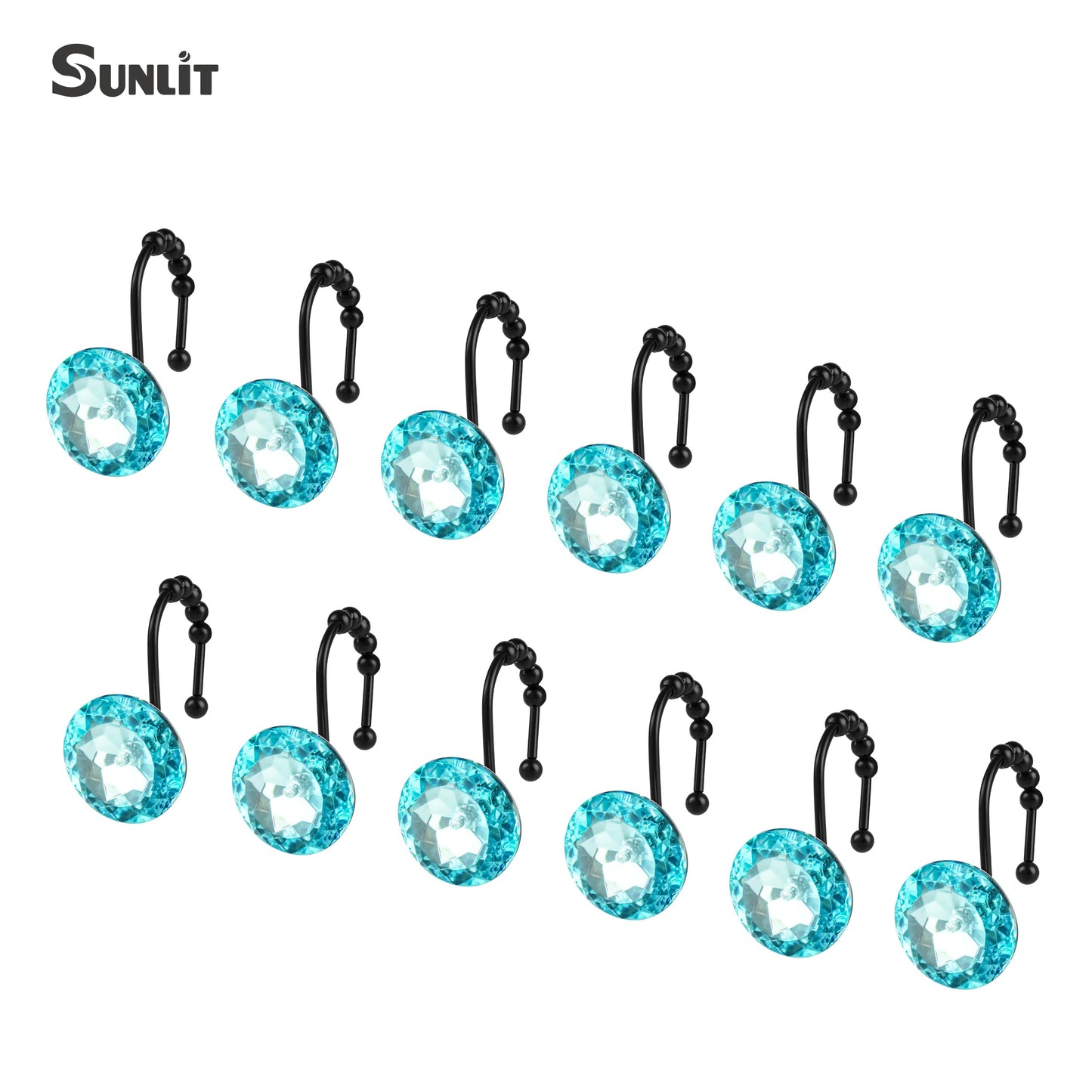 Sunlit Luxury Design Round Yellow Diamond Crystal Gem Bling with Glide Balls Shower Curtain Hooks, Rust Proof Metal Rhinestones Glam Shower Curtain Rings-12 Pack