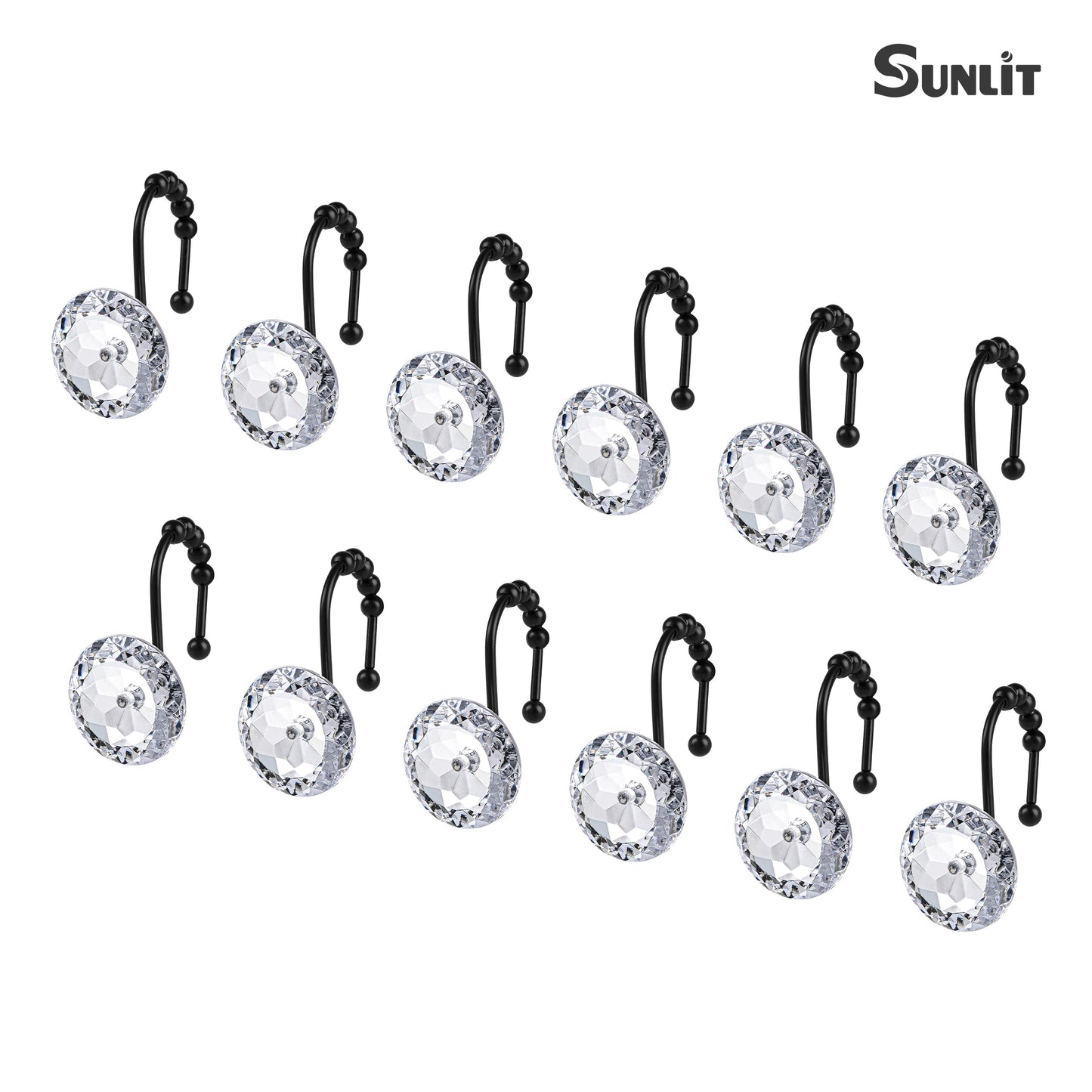 Sunlit Round Rhinestone Shower Curtain Hooks with Glide Balls, 12 Pack