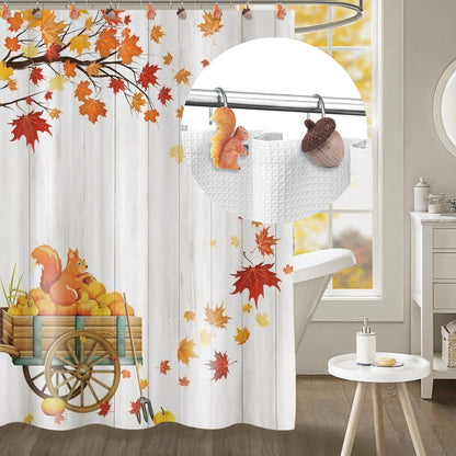 Sunlit Fall Autumn Decorative Shower Curtain Hooks, Pumpkin Maple Leaf Squirrel Acorn Shower Curtain Rings, Resin, Orange Leaves Cute Bathroom Curtain Hangers Decoration, Set of 12