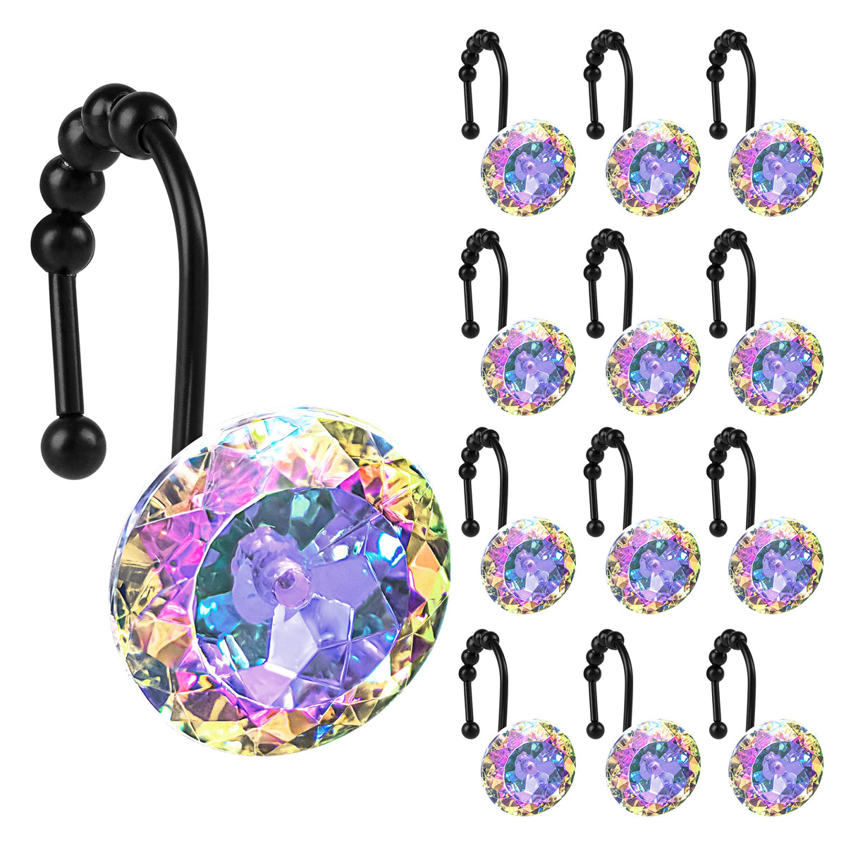 Sunlit Round Rhinestone Shower Curtain Hooks with Glide Balls, 12 Pack
