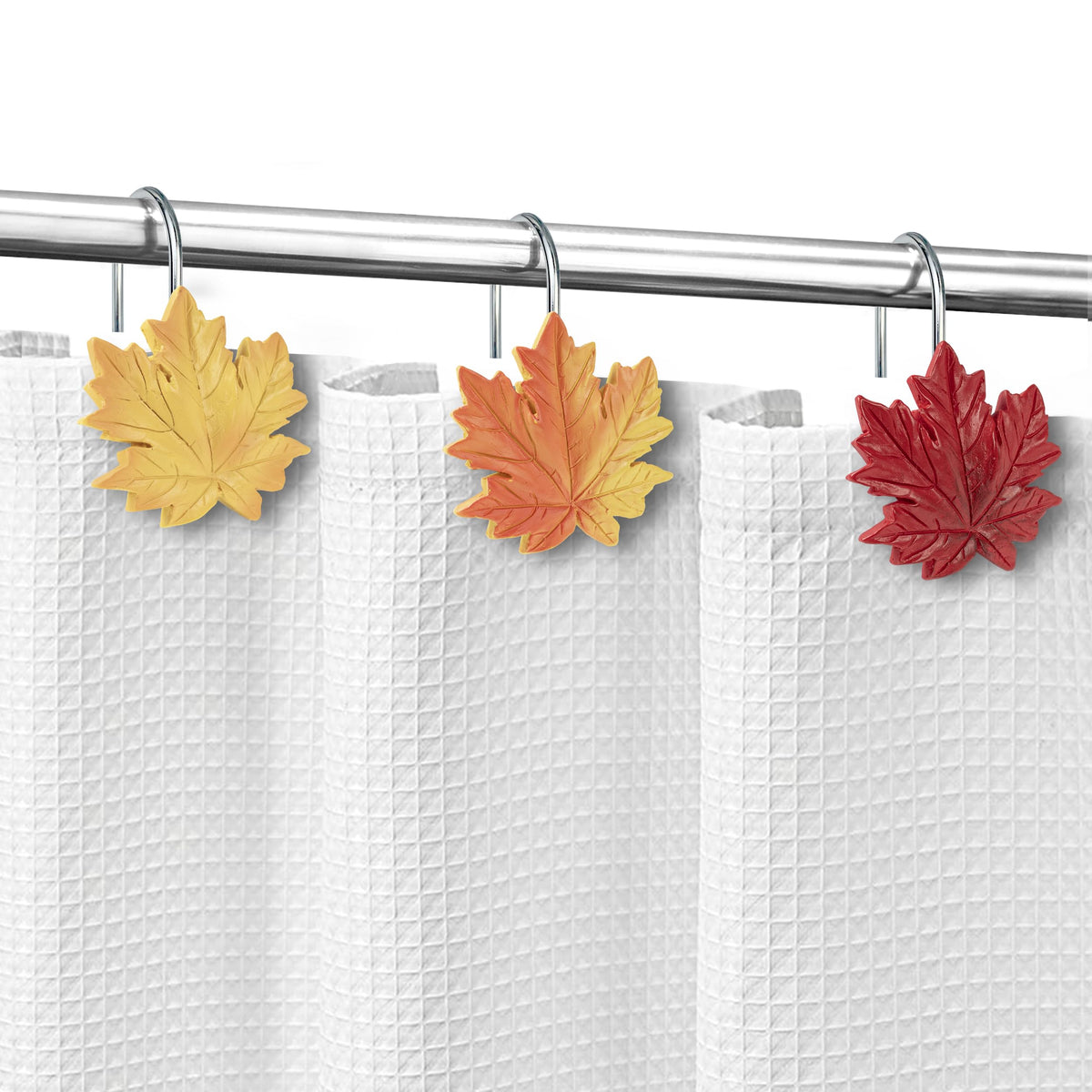 Sunlit Fall Autumn Decorative Shower Curtain Hooks, Pumpkin Maple Leaf Squirrel Acorn Shower Curtain Rings with Black Hooks, Resin, Orange Leaves Cute Bathroom Curtain Hangers Decoration, Set of 12