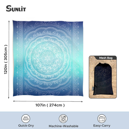 Sunlit Silky Soft Sand Proof Beach Blanket 106"x81" / 85"x72" Sand Proof Mat with Corner Pockets and Mesh Bag for Beach Party, Travel, Camping and Outdoor Music Festival, Mandala