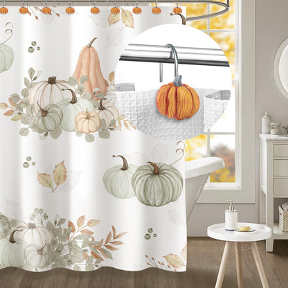 Sunlit Fall Pumpkin Decorative Shower Curtain Hooks, Autumn Harvest Festival Shower Curtain Rings, Resin Farmhouse Bathroom Curtain Hangers Decoration, Set of 12, Orange Blue White
