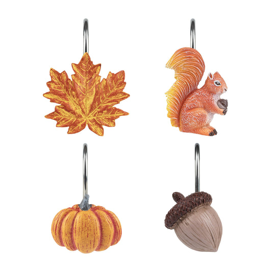 Sunlit Fall Autumn Decorative Shower Curtain Hooks, Pumpkin Maple Leaf Squirrel Acorn Shower Curtain Rings, Resin, Orange Leaves Cute Bathroom Curtain Hangers Decoration, Set of 12