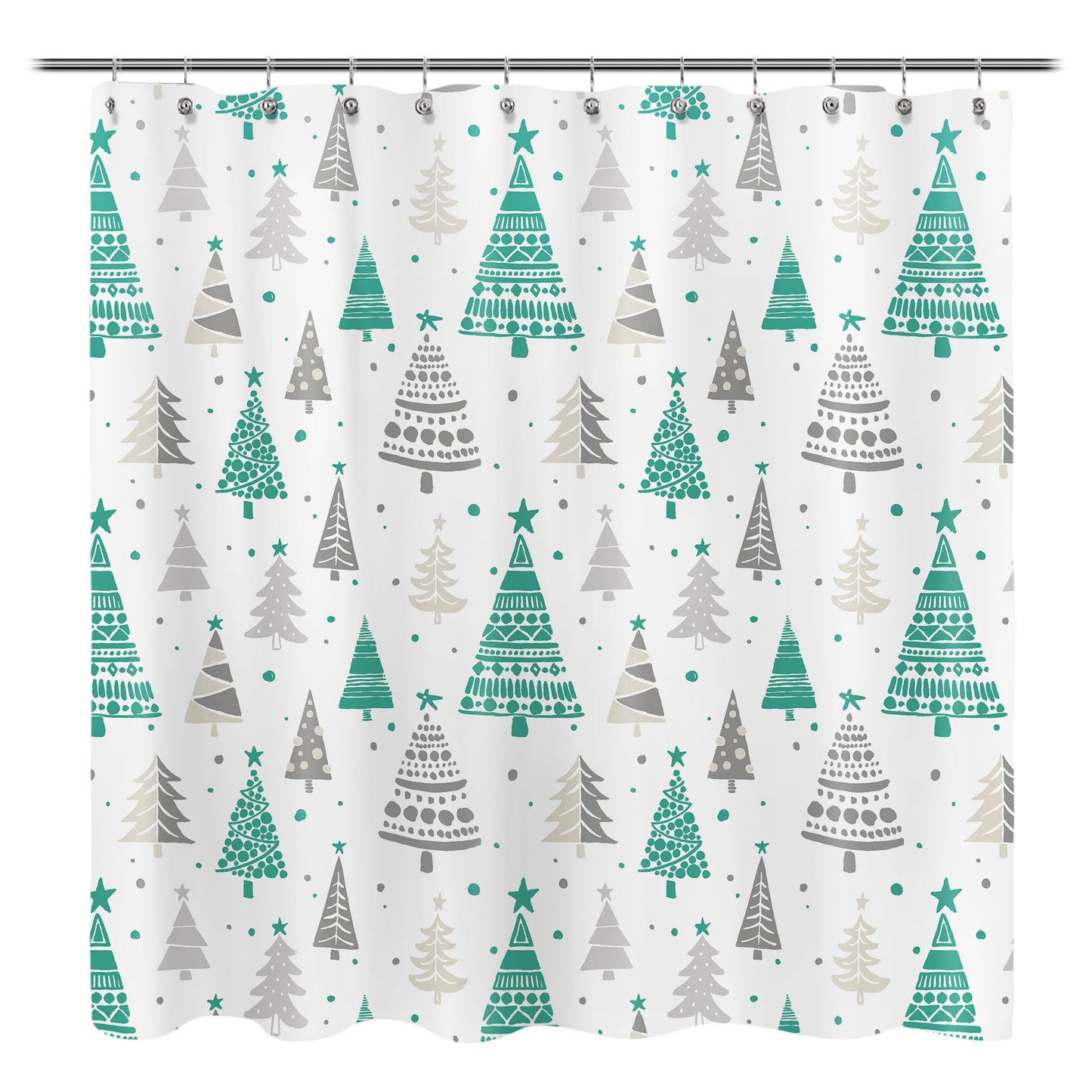Sunlit Christmas Shower Curtain, Blue and Gray Xmas Trees with Stars and Snow Pattern Shower Curtains for Bathroom Decor, Winter Snowflake Pine Tree Bathroom Curtains, 71x71 Inch