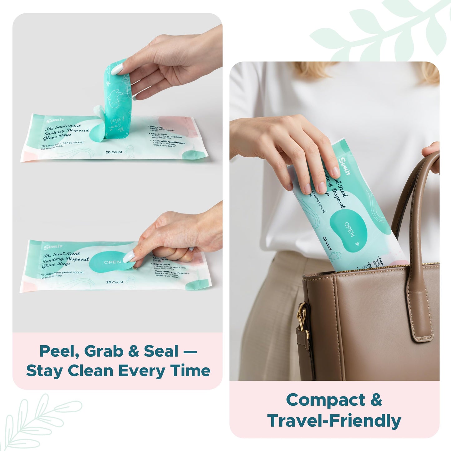 Sunlit No-Touch Feminine Hygiene Disposal Bags, Hygienic Odor-Reducing and Discreet Solution for Tampons Pads Liners and More, Size L - 20 Count