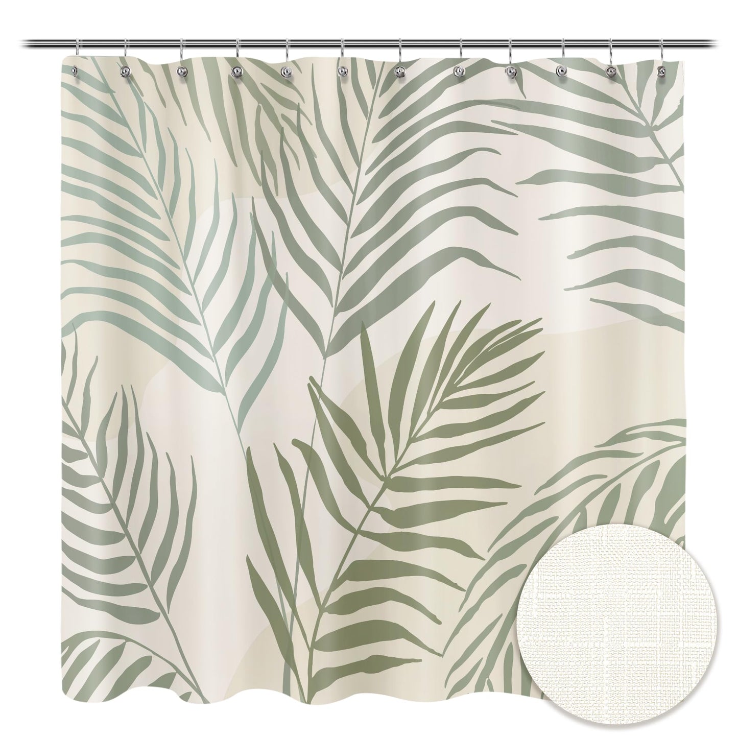 Sunlit Sage Green Textured Slubbed Fabric Shower Curtain, Mid Century Modern Palm Leaf Shower Curtains for Bathroom Decoration,Boho Botanical Bathroom Curtains, 71x71