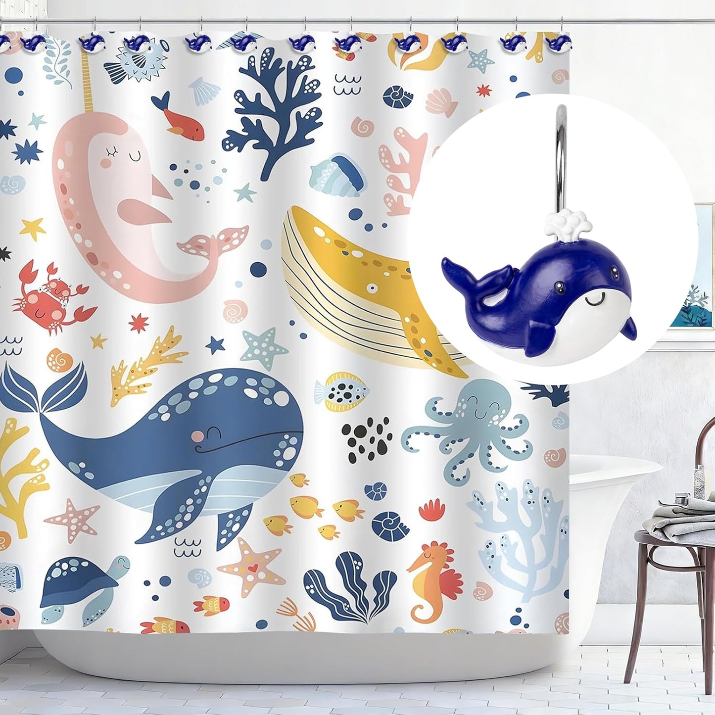 Sunlit Whales Shower Curtain Hooks, Nautical Home Decorative Shower Curtain Rings, Hand-Painted Resin, Cute Ocean Shower Curtain Hanger Hooks for Kids Bathroom, Set of 12