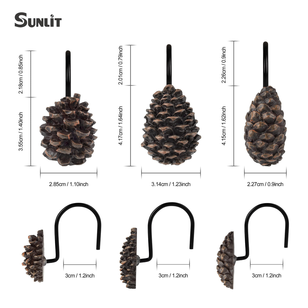 Sunlit Snowy Pinecone Shower Curtain Hooks Set of 12, Snow-Tipped Pine Cone Curtain Rings for Christmas Winter Bathroom Decor, Rustic Decorative Resin Bath Accessories