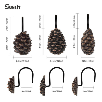 Sunlit Snowy Pinecone Shower Curtain Hooks Set of 12, Snow-Tipped Pine Cone Curtain Rings for Christmas Winter Bathroom Decor, Rustic Decorative Resin Bath Accessories