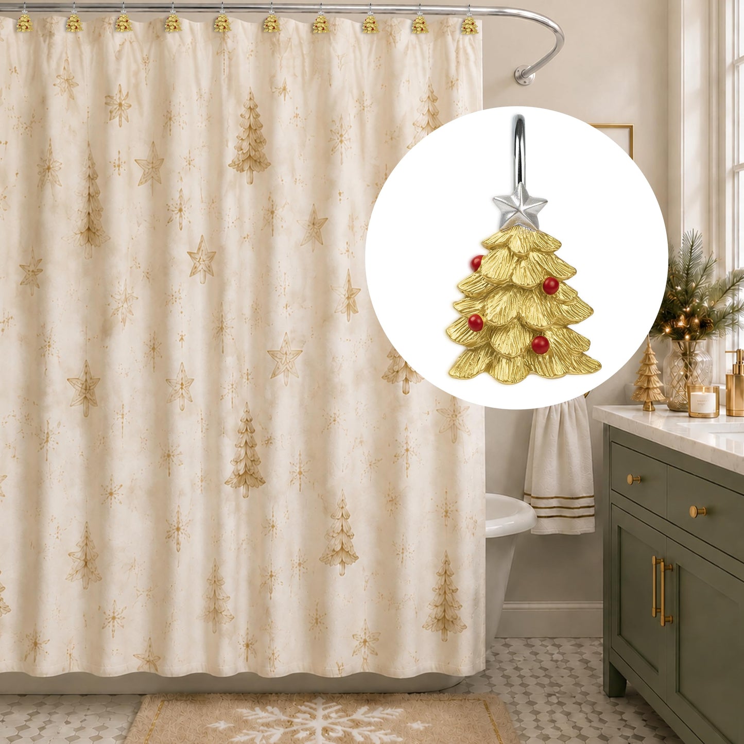 Sunlit Christmas Tree Decorative Shower Curtain Hooks with Star, Green Shower Curtain Rings, Resin, Xmas Theme Winter Holiday Bathroom Decoration, Set of 12