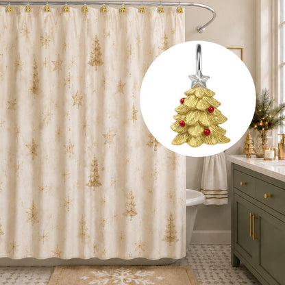 Sunlit Christmas Tree Decorative Shower Curtain Hooks with Star, Green Shower Curtain Rings, Resin, Xmas Theme Winter Holiday Bathroom Decoration, Set of 12