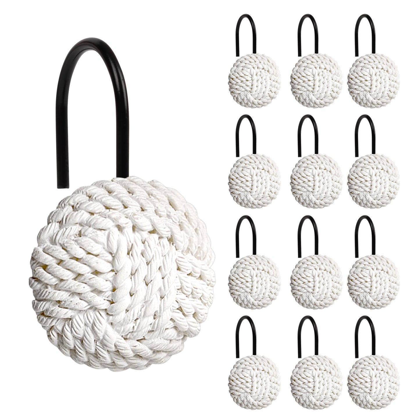 Sunlit Boho Knots Double Shower Curtain Hooks, Home Decorative White Shower Curtain Rings for Bathroom, Seaside Nautical Shower Curtain Hangers Bathroom Accessories, Set of 12
