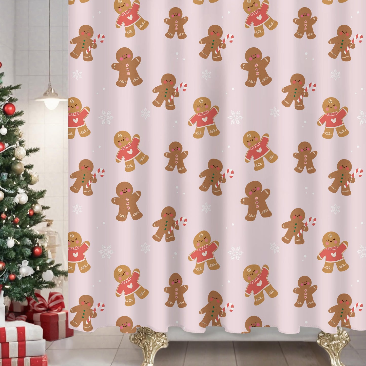 Sunlit Christmas Shower Curtain, Pink Holiday Gingerbread Men with Candy Canes and Snowflakes Cute Xmas Cookie Pattern, Festive Bathroom Fabric Shower Curtain, Home Decor Tapestry, 72" x 72"