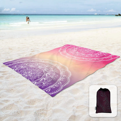 Sunlit 10'x9' Extra Large Boho Sand Proof Beach Blanket, Sand Proof Mat with Corner Pockets and Mesh Bag for Beach Party, Travel, Camping and Outdoor Music Festival, Light Orange and Sky Blue Mandala