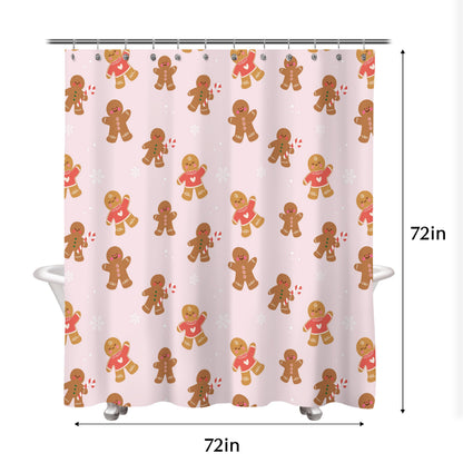 Sunlit Christmas Shower Curtain, Pink Holiday Gingerbread Men with Candy Canes and Snowflakes Cute Xmas Cookie Pattern, Festive Bathroom Fabric Shower Curtain, Home Decor Tapestry, 72" x 72"