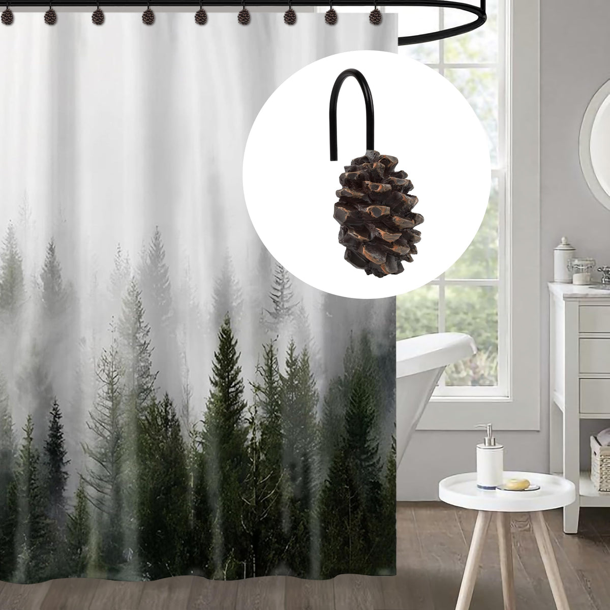 Sunlit Snowy Pinecone Shower Curtain Hooks Set of 12, Snow-Tipped Pine Cone Curtain Rings for Christmas Winter Bathroom Decor, Rustic Decorative Resin Bath Accessories