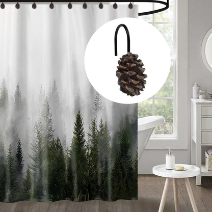 Sunlit Snowy Pinecone Shower Curtain Hooks Set of 12, Snow-Tipped Pine Cone Curtain Rings for Christmas Winter Bathroom Decor, Rustic Decorative Resin Bath Accessories