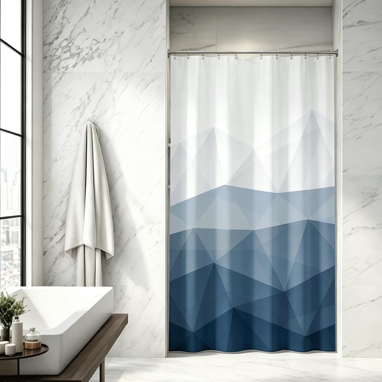 Sunlit Design 36 x 72 Inches Ombre Blue Small Stall Shower Curtain RV Half Size Narrow Bathroom Curtains Contemporary Geometric Fabric Bathroom Decor
