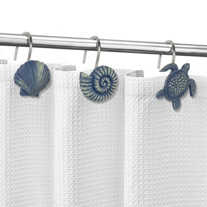 Sunlit Seashells Decorative Shower Curtain Hooks, Blue Scallop Nautilus & Sea Turtle Shower Curtain Rings, Resin, Nautical Bathroom Decoration Beach Shower Curtain Hooks-12 Pack