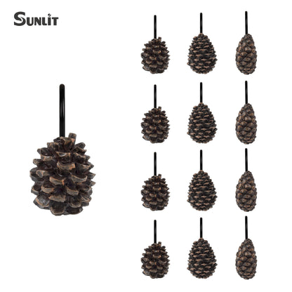 Sunlit Snowy Pinecone Shower Curtain Hooks Set of 12, Snow-Tipped Pine Cone Curtain Rings for Christmas Winter Bathroom Decor, Rustic Decorative Resin Bath Accessories