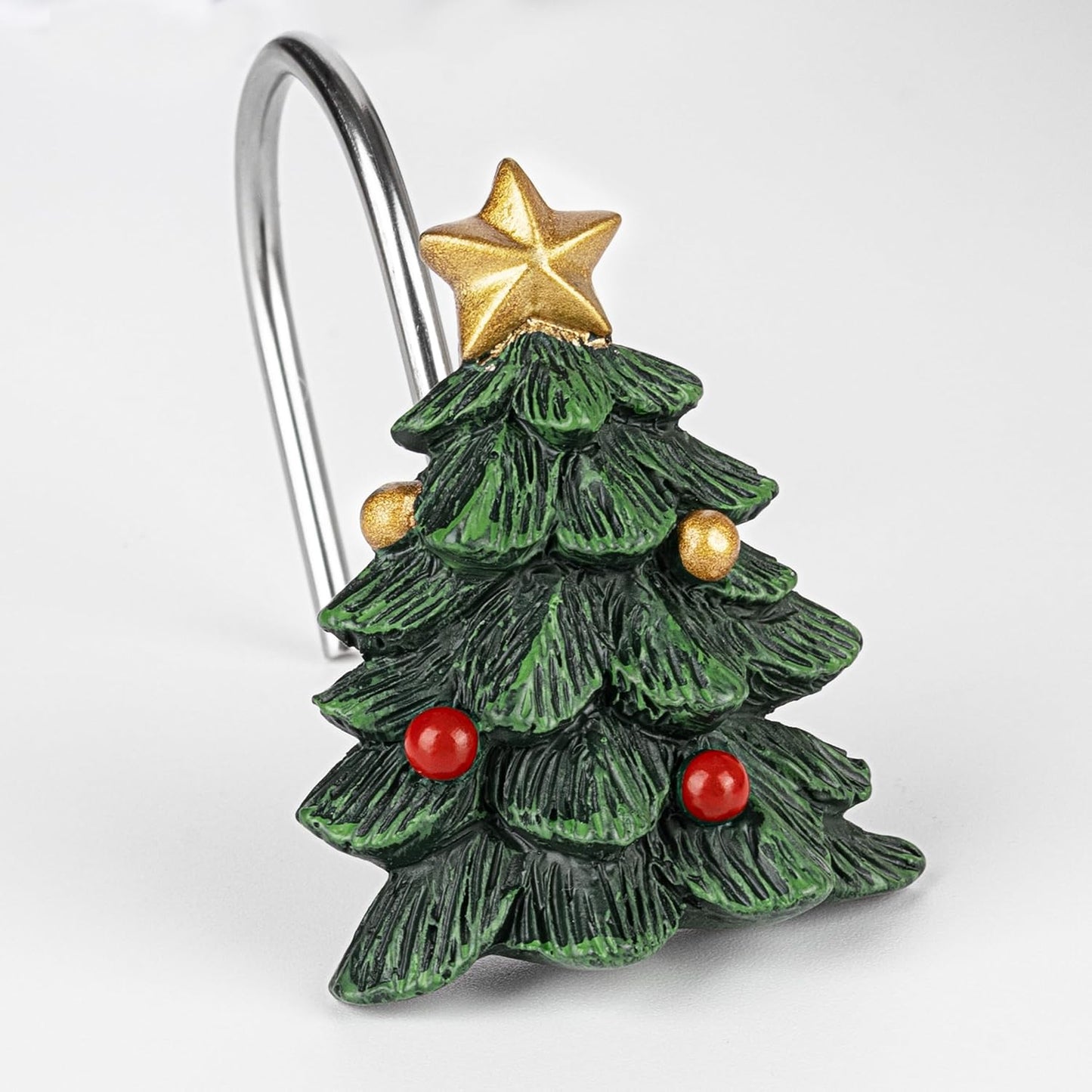 Sunlit Christmas Tree Decorative Shower Curtain Hooks with Star, Green Shower Curtain Rings, Resin, Xmas Theme Winter Holiday Bathroom Decoration, Set of 12
