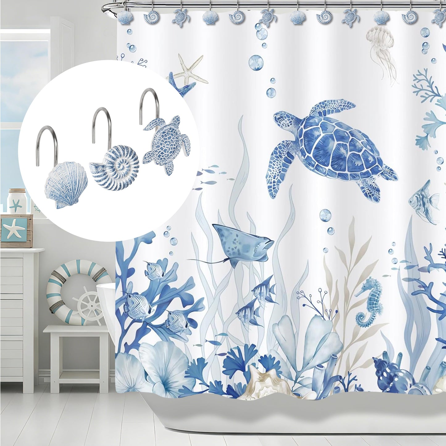 Sunlit Seashells Decorative Shower Curtain Hooks, Blue Scallop Nautilus & Sea Turtle Shower Curtain Rings, Resin, Nautical Bathroom Decoration Beach Shower Curtain Hooks-12 Pack