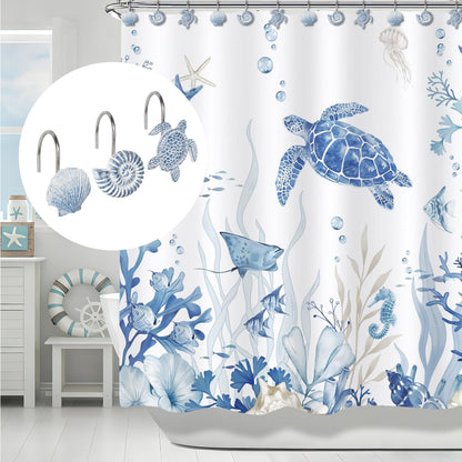 Sunlit Seashells Decorative Shower Curtain Hooks, Blue Scallop Nautilus & Sea Turtle Shower Curtain Rings, Resin, Nautical Bathroom Decoration Beach Shower Curtain Hooks-12 Pack