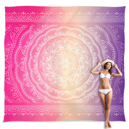 Sunlit 10'x9' Extra Large Boho Sand Proof Beach Blanket, Sand Proof Mat with Corner Pockets and Mesh Bag for Beach Party, Travel, Camping and Outdoor Music Festival, Light Orange and Sky Blue Mandala