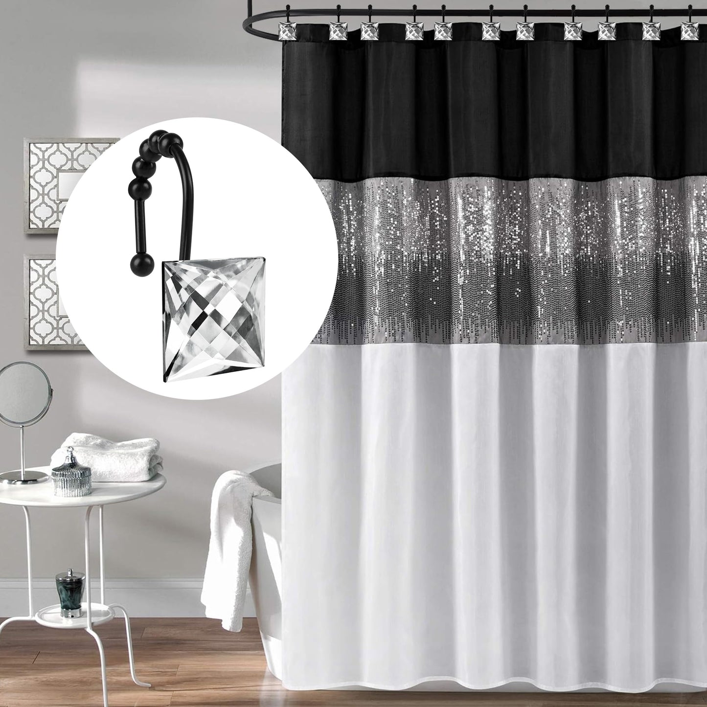 Sunlit Square Rhinestone Shower Curtain Hooks with Glide Balls, 12 Pack