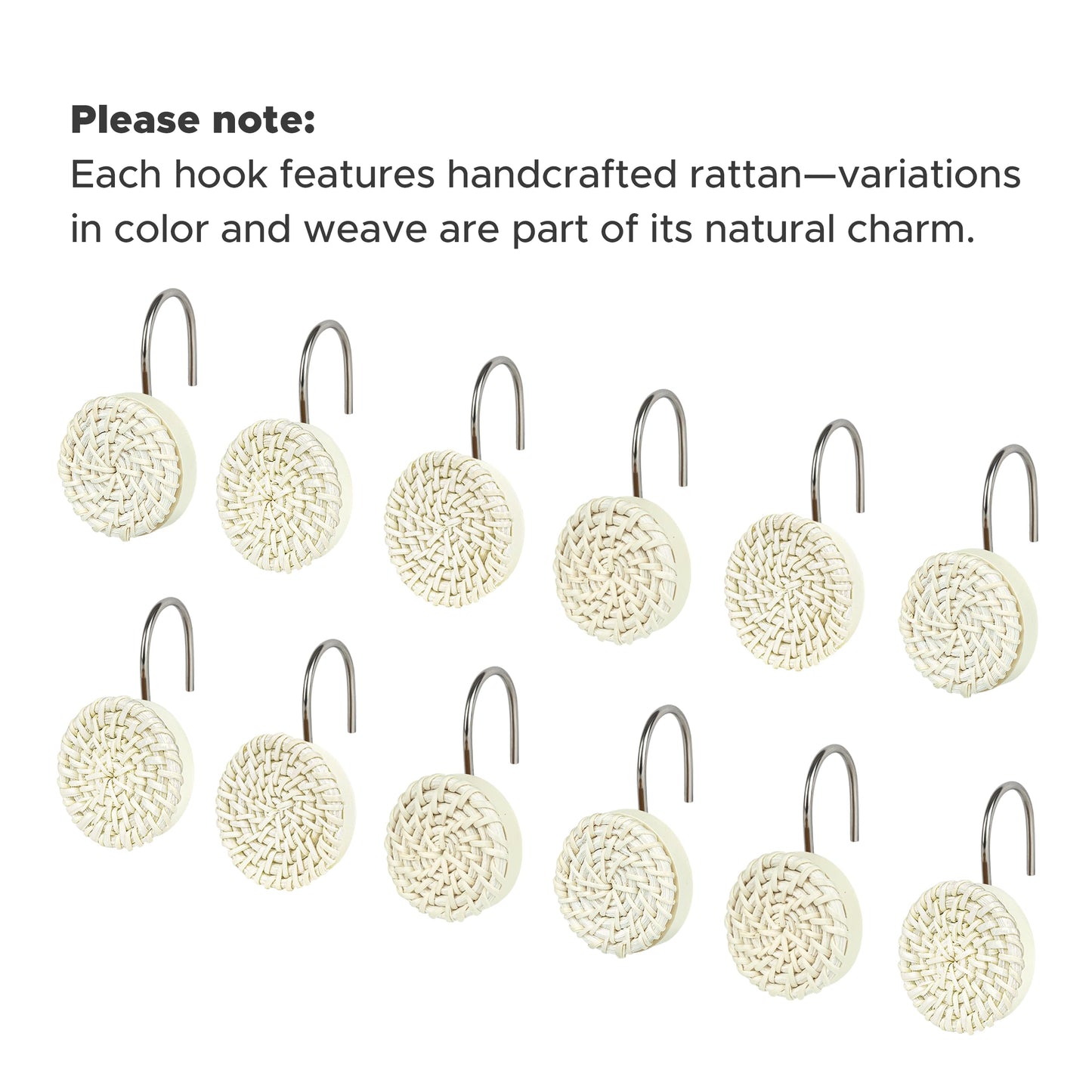 Sunlit Boho Decorative Shower Curtain Hooks, Woven Wicker Ratten Beige Shower Curtain Rings for Bathroom, Farmhouse Shower Curtain Hangers Bathroom Accessories, Set of 12