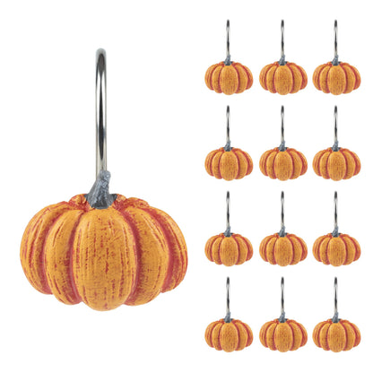 Sunlit Fall Pumpkin Decorative Shower Curtain Hooks, Autumn Harvest Festival Shower Curtain Rings, Resin, Orange Farmhouse Bathroom Curtain Hangers Decoration, Set of 12
