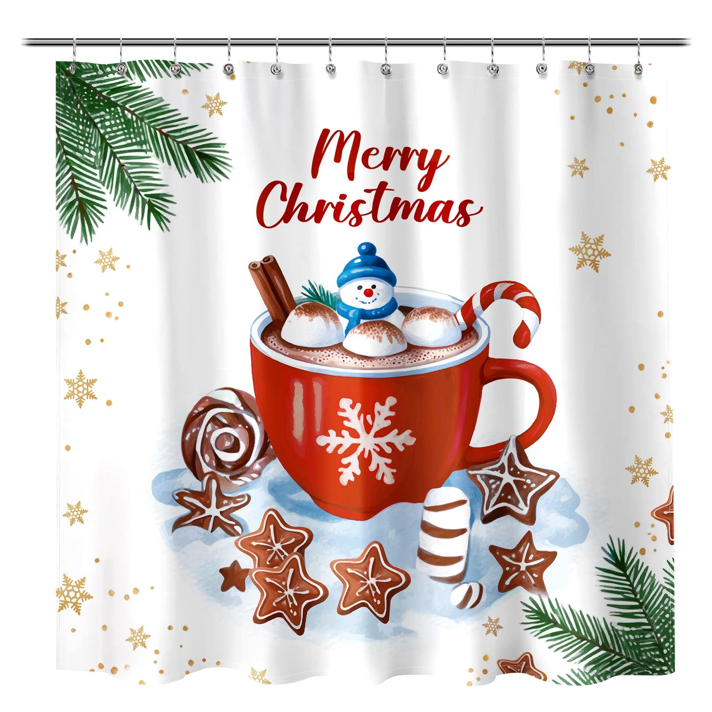 Sunlit Christmas Shower Curtain, Red Mug Hot Cocoa with Snowman Marshmallows and Gingerbread Cookies, Whimsical Holiday Scene Festive Bathroom Fabric Shower Curtain, Home Decor Tapestry, 72" x 72"