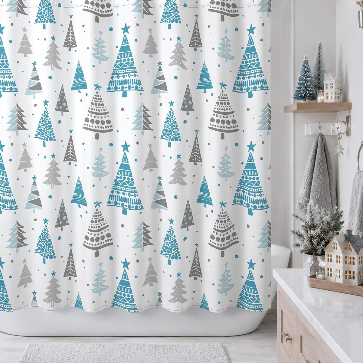 Sunlit Christmas Shower Curtain, Blue and Gray Xmas Trees with Stars and Snow Pattern Shower Curtains for Bathroom Decor, Winter Snowflake Pine Tree Bathroom Curtains, 71x71 Inch