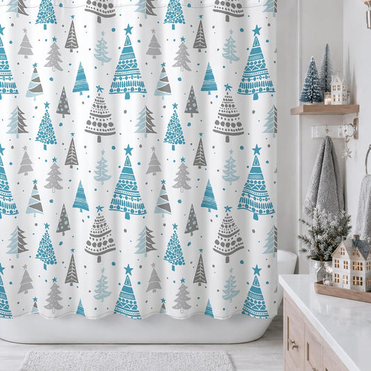 Sunlit Christmas Shower Curtain, Blue and Gray Xmas Trees with Stars and Snow Pattern Shower Curtains for Bathroom Decor, Winter Snowflake Pine Tree Bathroom Curtains, 71x71 Inch