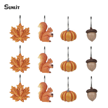 Sunlit Fall Autumn Decorative Shower Curtain Hooks, Pumpkin Maple Leaf Squirrel Acorn Shower Curtain Rings with Black Hooks, Resin, Orange Leaves Cute Bathroom Curtain Hangers Decoration, Set of 12