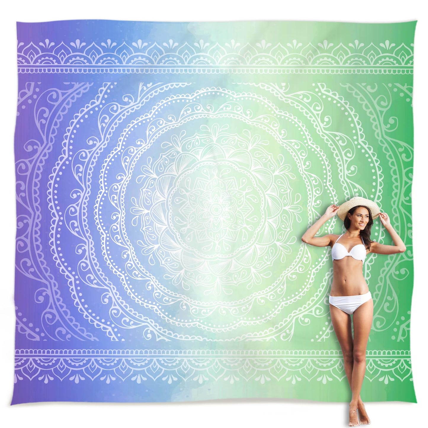 Sunlit 10'x9' Extra Large Boho Sand Proof Beach Blanket, Sand Proof Mat with Corner Pockets and Mesh Bag for Beach Party, Travel, Camping and Outdoor Music Festival, Light Orange and Sky Blue Mandala