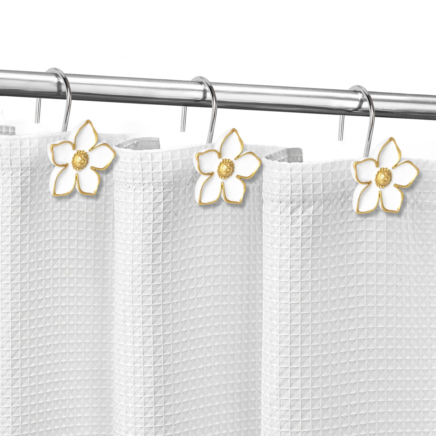 Sunlit Flower Shower Curtain Hooks, Home Decorative Shower Curtain Rings for Bathroom, Resin, White with Gold Edges Floral Shower Curtain Hanger Hooks for Living Room, Set of 12