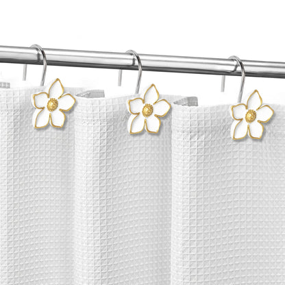 Sunlit Flower Shower Curtain Hooks, Home Decorative Shower Curtain Rings for Bathroom, Resin, White with Gold Edges Floral Shower Curtain Hanger Hooks for Living Room, Set of 12