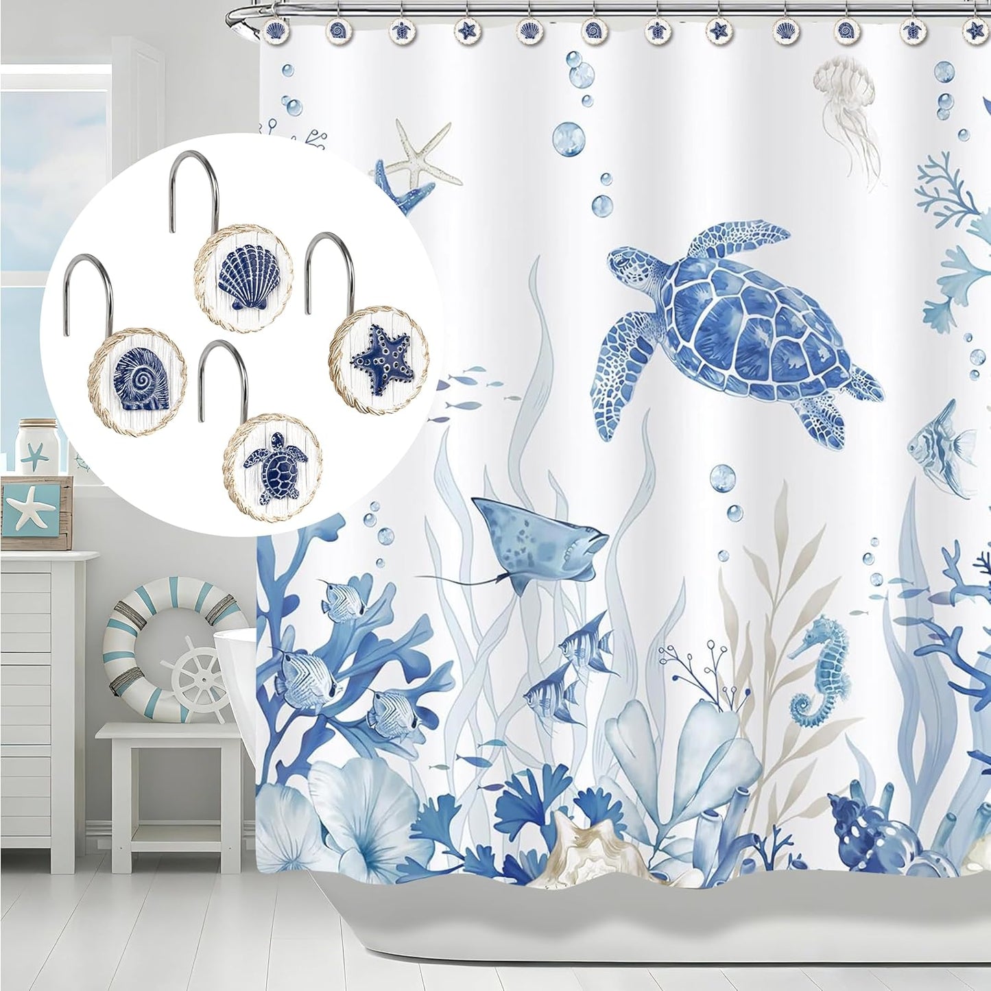 Sunlit Ocean Decorative Shower Curtain Hooks, Sea Turtle Spiral Shell Starfish Conch Shower Curtain Rings, Resin, Nautical Farmhouse Bathroom Decoration Beach Shower Curtain Hooks-12 Pack, Navy