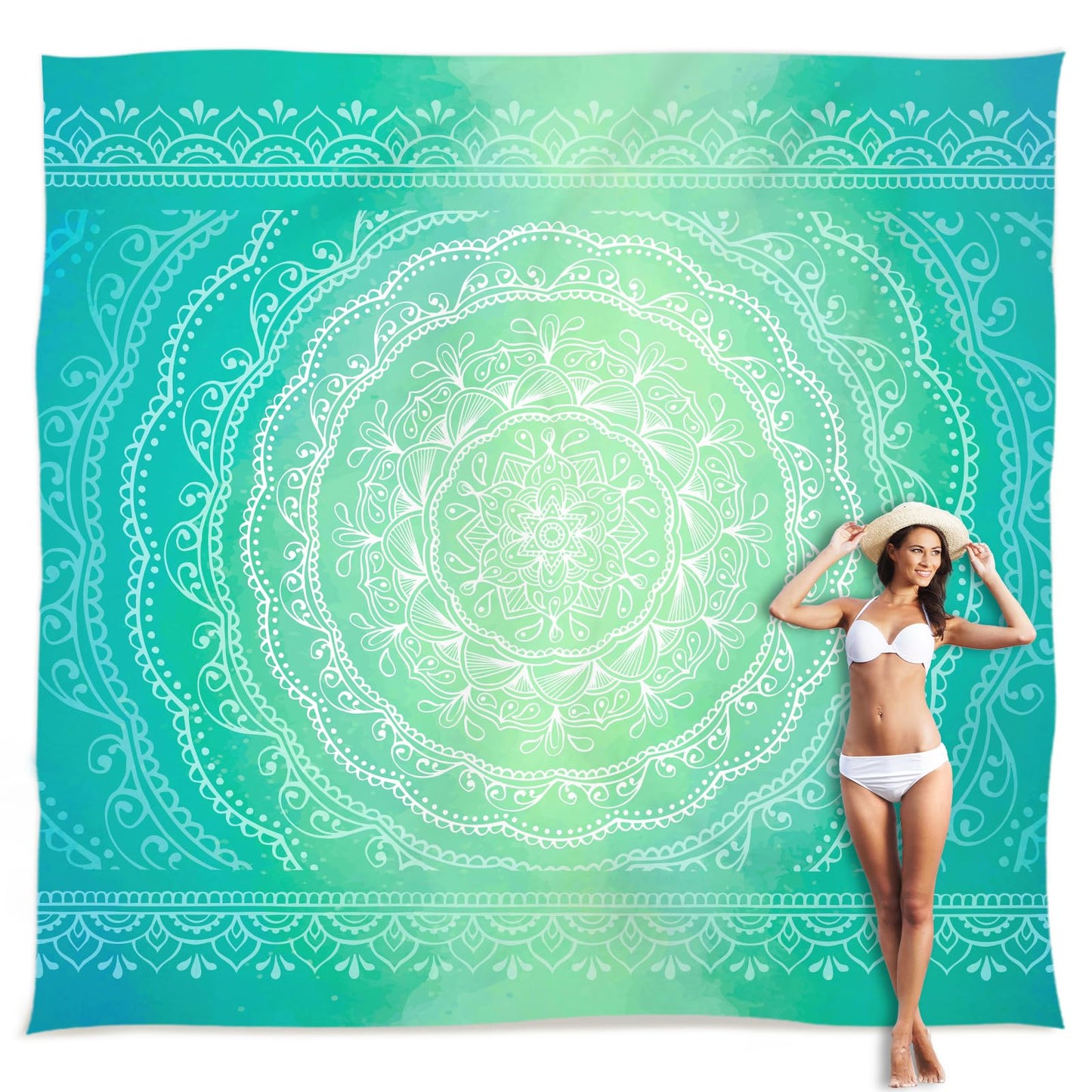 Sunlit 10'x9' Extra Large Boho Sand Proof Beach Blanket, Sand Proof Mat with Corner Pockets and Mesh Bag for Beach Party, Travel, Camping and Outdoor Music Festival, Light Orange and Sky Blue Mandala