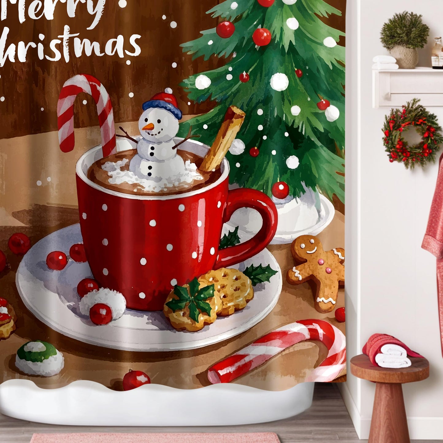 Sunlit Christmas Shower Curtain, Red Mug Hot Cocoa with Snowman Marshmallows and Gingerbread Cookies, Whimsical Holiday Scene Festive Bathroom Fabric Shower Curtain, Home Decor Tapestry, 72" x 72"