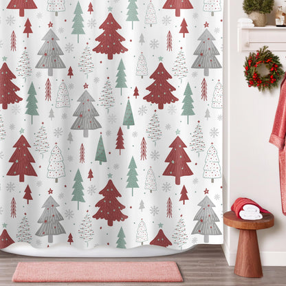 Sunlit Christmas Shower Curtain, Red and Gray Xmas Trees with Stars and Snow Pattern Shower Curtain for Bathroom Decor, 71x71 Inch
