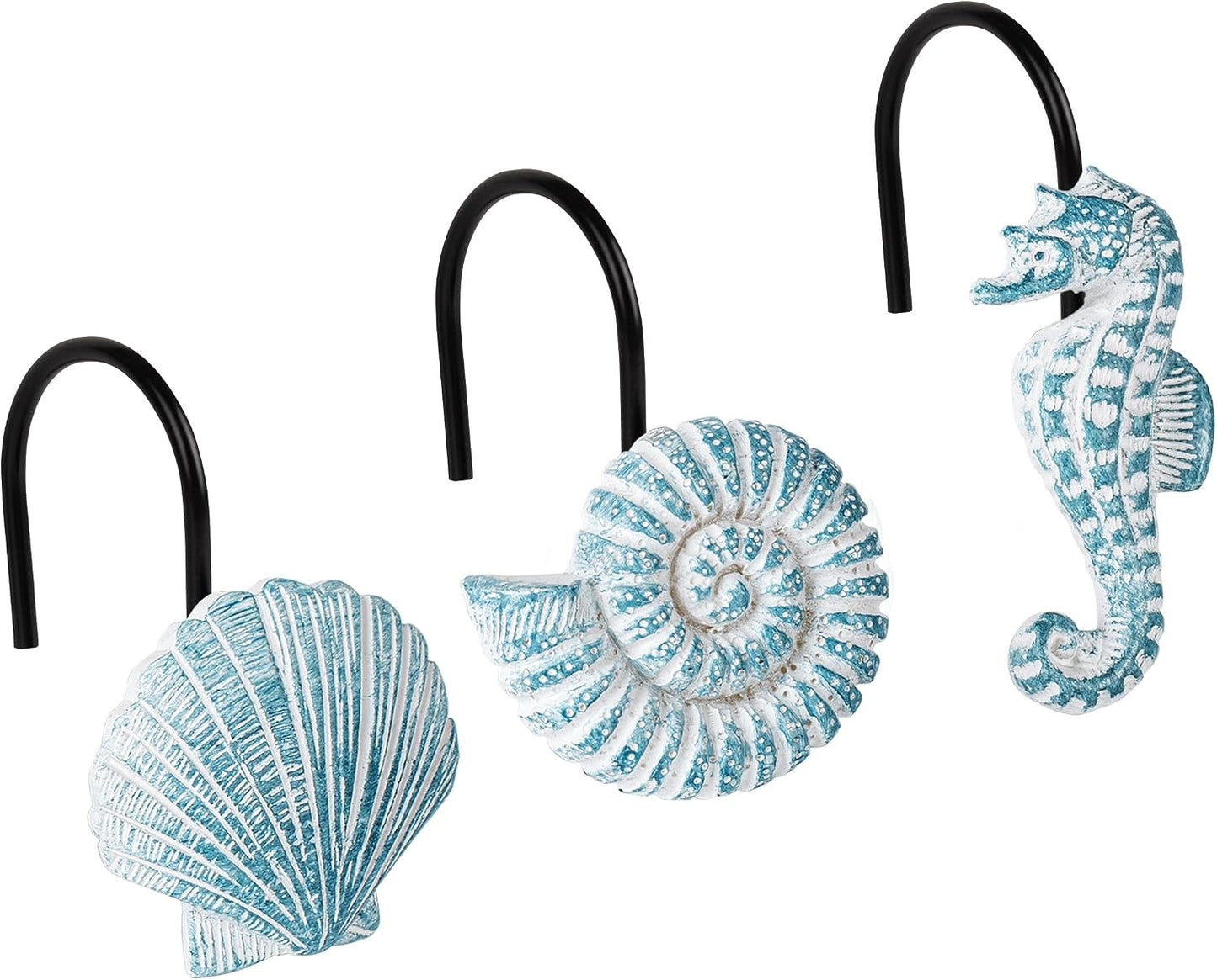 Sunlit Seashells Decorative Shower Curtain Hooks, Aqua Blue Ocean Creatures Coastal Shower Curtain Rings with Black Hooks, Resin, Nautical Bathroom Decoration Beach Shower Curtain Hooks, Set of 12