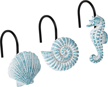 Sunlit Seashells Decorative Shower Curtain Hooks, Aqua Blue Ocean Creatures Coastal Shower Curtain Rings with Black Hooks, Resin, Nautical Bathroom Decoration Beach Shower Curtain Hooks, Set of 12