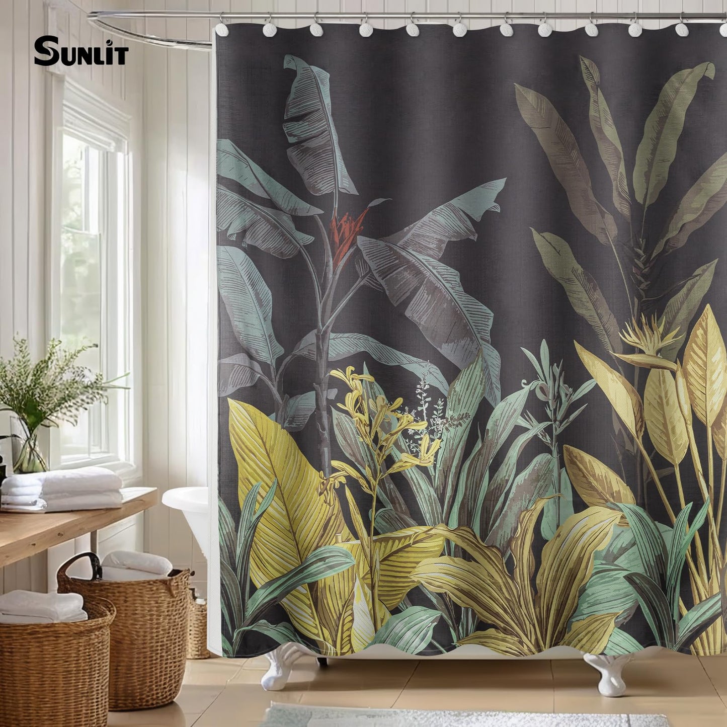 Sunlit Black Textured Slubbed Fabric Shower Curtain, Green Banana Leaf Shower Curtains for Bathroom Decoration, Tropical Plant Bathroom Curtains, 71x71