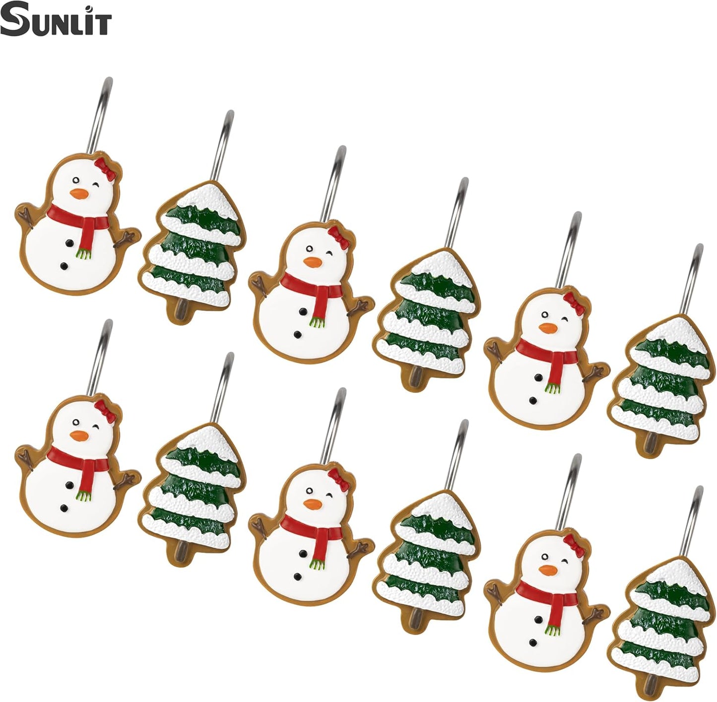 Sunlit Christmas Tree Snowman Decorative Shower Curtain Hooks, Green White Shower Curtain Rings, Resin, Xmas Theme Winter Holiday Bathroom Decoration, Set of 12